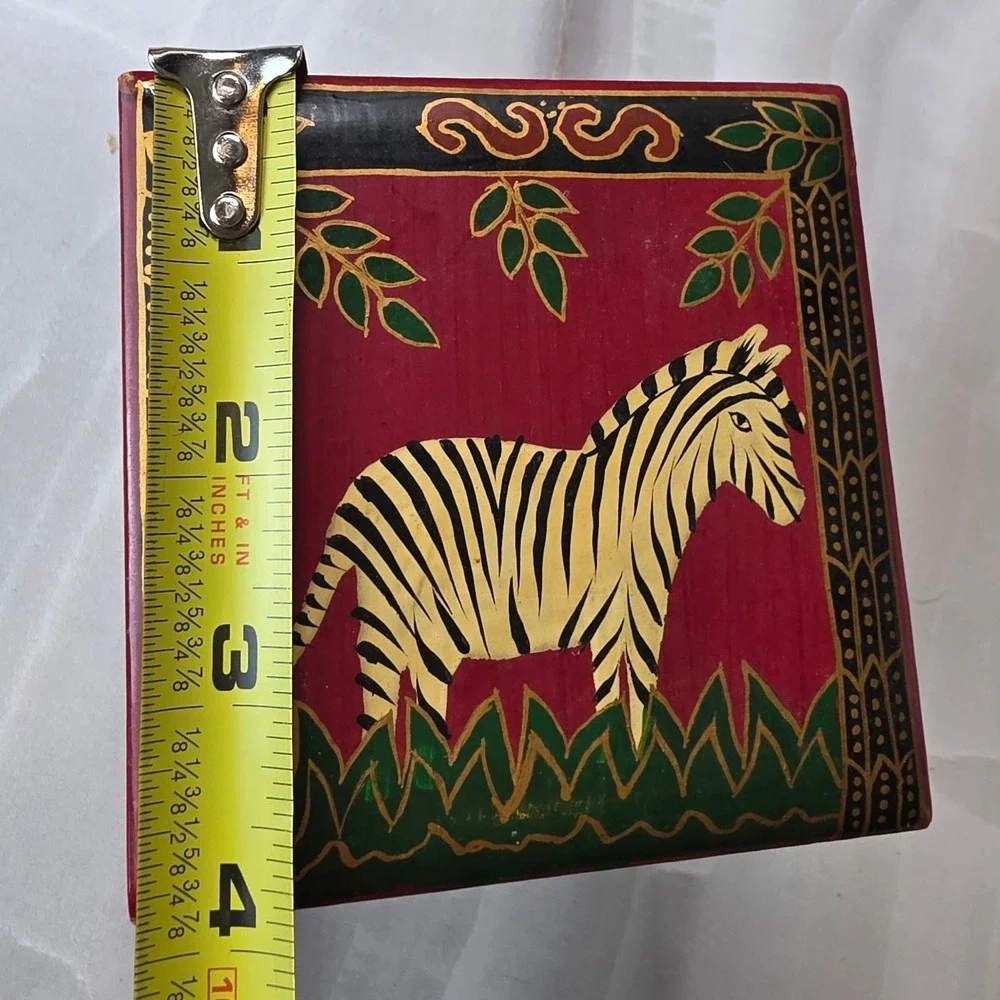 Hand Painted Zebra Wooden Trinket Box and Matching Egg‎ Ornament Set Folk Art S3